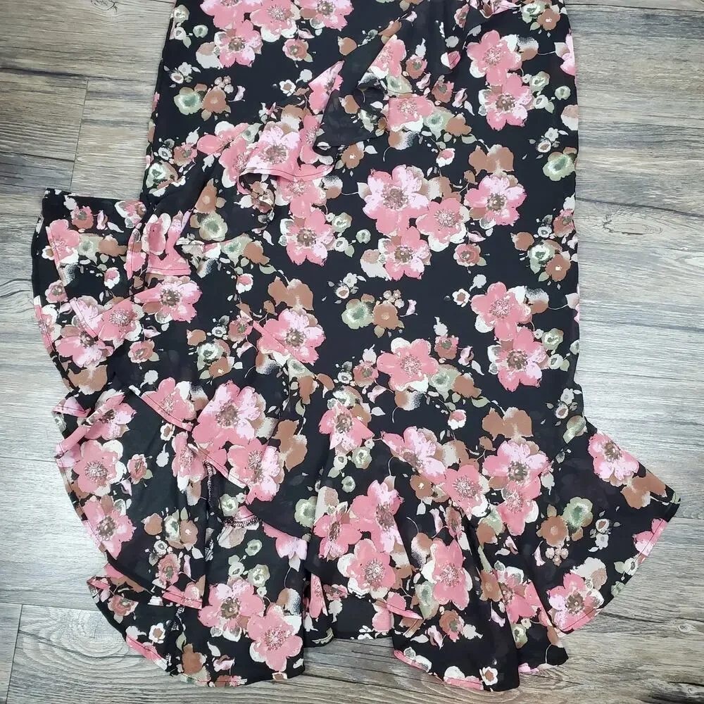 West of Melrose Pink Floral Ruffle Asymmetrical Skirt M Romantic Edgy Coquette
